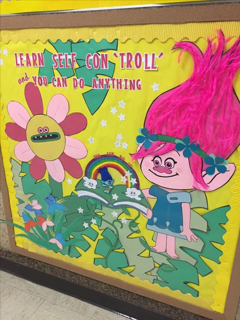 Trolls Princess Poppy.  Learn Self Con TROLL.  You can do it. Spring Bulletin Board. Trolls Bulletin Board Ideas, Trolls Classroom Theme, Pta Bulletin Boards, Elementary School Bulletin Boards, Dr Seuss Coloring Pages, College Bulletin Boards, Magic Theme, Reading Projects, Library Themes