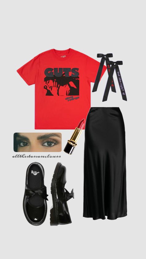 olivia rodrigo guts world tour outfit inspo idea red doc martin vampire mary janes red black skirt Olivia Rodrigo Concert Outfit, Olivia Rodrigo Concert, Doc Martin, Olivia Rodrigo Guts, Concert Fits, Olivia Rodrigo, Black Skirt, Concert Outfit, Mary Janes