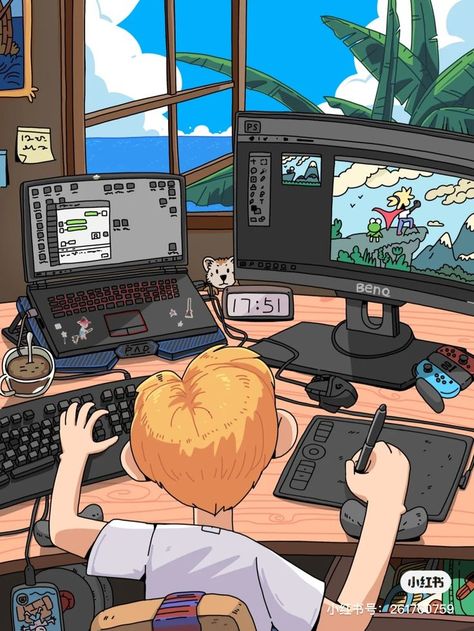 Programming Aesthetic Anime, Cartoon Computer Aesthetic, Home Office Illustration, Computer Setup Drawing, Digital Art Setup, Computer Animation Design, Lofi Illustration Room, Working On Computer Illustration, Study Illustration