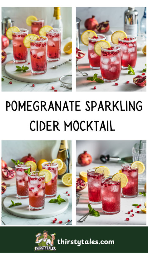 "Discover the perfect Pomegranate Sparkling Cider Mocktail recipe for your  next celebration! This delightful non-alcoholic drink combines the rich  flavors of pomegranate with bubbly cider, making it an ideal choice for  festive mocktails and holiday beverages. Enjoy a refreshing drink idea that  everyone can savor. Perfect for gatherings and special occasions, this  pomegranate mocktail will elevate your festivities!" Sparkling Cider Mocktail Recipe, Mocktail Recipe Non Alcoholic, Pomegranate Mocktail, Nye 2025, Mocktails Non Alcoholic, Holiday Mocktail, Christmas Mocktails, Holiday Beverages, Alcohol Free Drinks