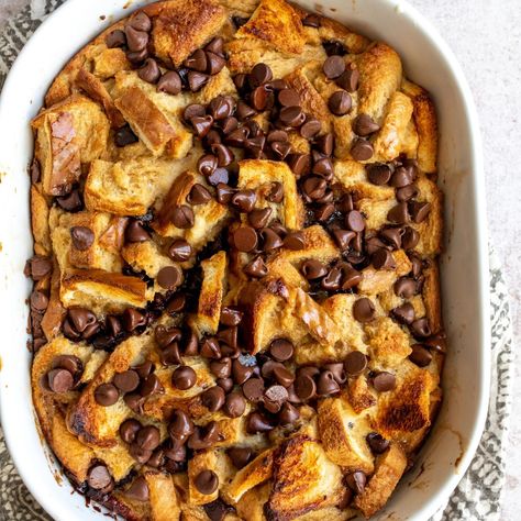 Chocolate Chip Bread Pudding - Sailor Bailey Chocolate Chip French Toast, Chocolate Croissant Bread Pudding, Chocolate Chip Brioche, Brioche French Toast Casserole, Chocolate Chip Bread Pudding, Air Fryer Bread, Croissant Bread Pudding, Sweet Potato Breakfast Hash, Croissant Bread