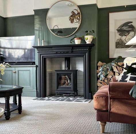 Dark Green Living Room, Log Burner Living Room, Victorian Living Room, Dark Living Rooms, Living Room Decor Fireplace, Cosy Living Room, Room Transformation, Living Room Green, Living Room Remodel