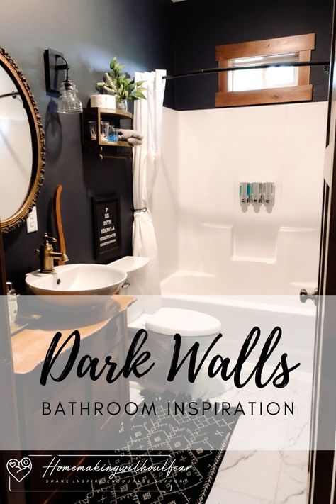 Black Bathroom White Wainscoting, Dark Wall And Ceiling Bathroom, Dark Wall Light Floor Bathroom, Men’s Small Bathroom Ideas, Small Bathroom Dark Paint Ideas, Dark Painted Small Bathrooms, Lighting For Dark Bathroom, Charcoal Walls Bathroom, Dark Paint Master Bath