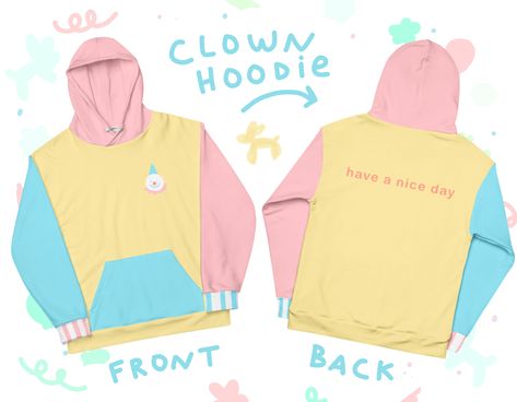 Hope it's a good one :o) Spread some joy with this fun, lighthearted pastel colorblock clown hoodie. This comfy unisex hoodie has a soft outside with a vibrant print and an even softer brushed fleece inside. The hoodie has a relaxed fit, and it's perfect for wrapping yourself into on a chilly evening. * 70% polyester, 27% cotton, 3% elastane * Fabric weight: 8.85 oz/yd² (300 g/m²) * Soft cotton-feel fabric face * Brushed fleece fabric inside * Double-lined hood with design on both sides * Unisex Kidcore Sweatshirts & Hoodies, Clown Jacket, Pastel Kidcore Outfits, Clowncore Outfit, Kidcore Clothes, Clowncore Aesthetic, Zooey Deschanel, Fashion Design Drawings, Have A Nice Day