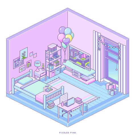 Isometric Pixel Room - Birthday Bedroom by pixeled--pink on DeviantArt Bedroom Pixel Art, Isometric Room Art, Pixel Bedroom, Isometric Art Bedroom, Pixel Art Room, Bedroom Isometric, Isometric Room Illustration, Isometric Pixel Art Room, Isometric 3d Room