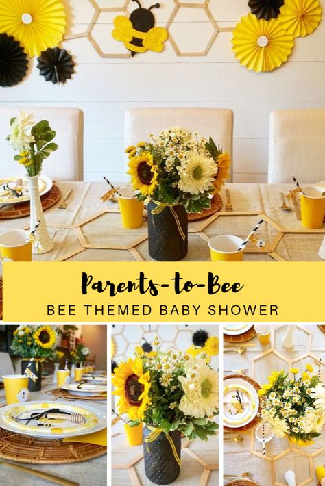 Celebrate the parents-to-bee with this bee themed baby shower. Click here for easy DIY tutorials, bee decoration and party supply ideas, and an inexpensive bee themed favor! #babyshower #babyshowertheme #beethemedshower #beebabyshower #babyshowerideas #babyshowerdecor Baby Shower Ideas For Girls Themes, Bee Baby Shower Decoration, Honey Bee Baby Shower, Baby Nursery Diy, Sunflower Baby Showers, Bee Baby Shower Theme, Bumble Bee Baby Shower, Bee Baby, Baby Shower Inspiration