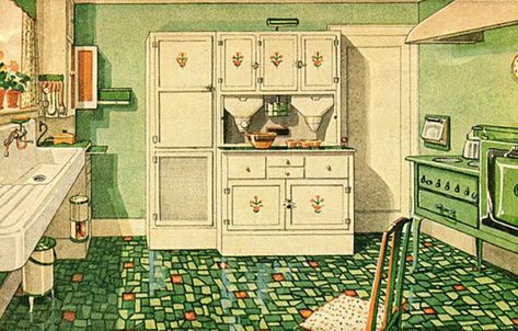 A Brief History of Kitchen Design from 1900 to 1920 | Apartment Therapy Westville Dollhouse, Art Deco Kitchen Design, Period Kitchen, Painted Rooms, Vintage Rooms, 1920s Kitchen, 1920s Decor, Retro Kitchens, Hoosier Cabinets