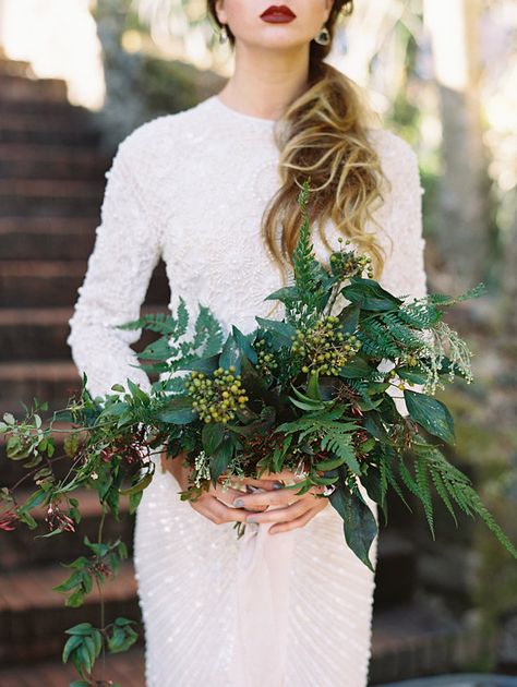 Skip the traditional wedding bouquet for a plush greenery. The bold arrangement will beautifully contrast with your white wedding gown. Fern Wedding, Greenery Wedding Bouquet, Green Wedding Inspiration, Greenery Bouquet, Winter Wedding Bouquet, Flowers And Greenery, Emerald Green Weddings, White Wedding Gowns, Camp Wedding