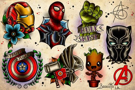 Marvel Tattoo Sleeve, Geometric Tattoo Hand, Hulk Tattoo, Hero Tattoo, Spiderman Tattoo, Avengers Tattoo, Traditional Style Tattoo, Comic Tattoo, Thanos Marvel