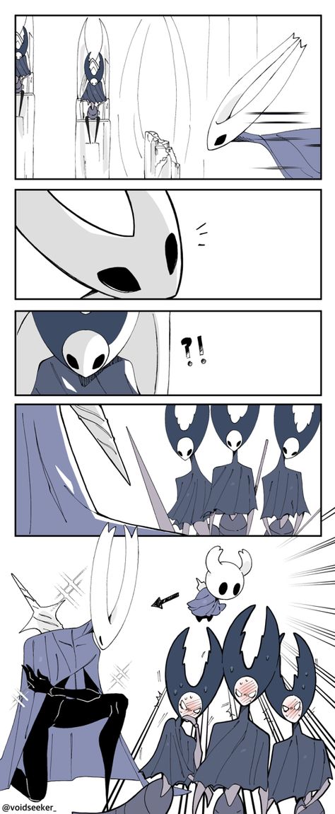 I wonder if Adult Ghost ever runs into people who don't recognise him as an adult. Like he goes to the Mantis Tribe and they all start attacking him again since he looks so different from his Smol... Mantis Lords Art, Hollow Knight And Ghost, Mantis Lords Hollow Knight, Hollow Knight Mantis Lords, Hollow Knight Oc, The Hollow Knight, Hallow Knight, Team Cherry, Hollow Night