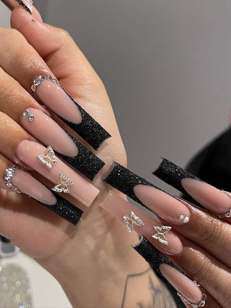 Black French Nails, Solid Color Nails, Nagel Tips, Nails Set, Unique Acrylic Nails, Long Square Acrylic Nails, Nail Supplies, Nail Length, Acrylic Nails Coffin