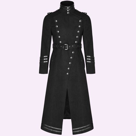 Men Military Coat Steampunk Gothic VTG uniform Long Coat Men Punk Rave Military Coat Steampunk Gothic uniform Long Coat Amazing new mens Steampunk Military coat. Cut from black polyester blend fabric in an authentic vintage army design, with a black faux leather trim to the collar, hemline and cuffs. Featuring asymmetrical front fastening with custom metal military style snap fastening buttons, with matching trims and buttons to the pockets and epaulettes. Finished with adjustable buckled belt a Victorian Frock Coat, Gothic Coat Men, Steampunk Uniform, Gothic Uniform, Military Long Coat, Leather Coat Outfit, Priest Robes, Mens Steampunk, French Coat