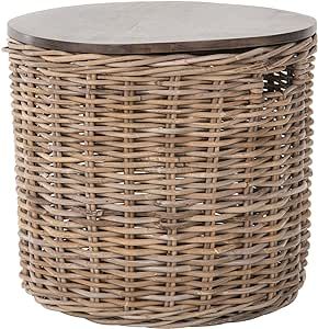 Kouboo Round Rattan Storage Basket with Wood Lid - Side or End Table with Hidden Storage for Blankets, Pillows, and More Storage For Blankets, Table With Hidden Storage, Classic Room, Plants Photo, Rattan Storage, Artisanal Design, Storage Stool, Round Storage, Basket Shelves