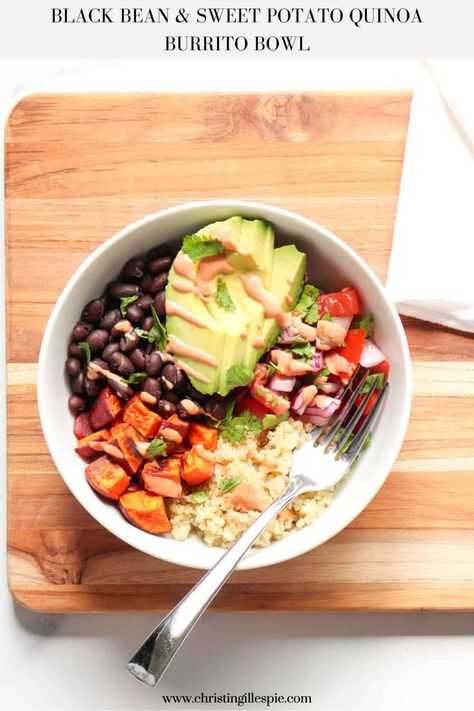 This Black Bean & Sweet Potato Quinoa Burrito Bowl is a healthy vegan recipe that you don’t want to miss. It features spiced black beans, roasted sweet potatoes, fluffy quinoa, fresh pico de gallo, creamy avocado, and a spicy tahini dressing. Full of flavor & nutrition, this bowl is perfect for an easy weeknight dinner or even as a meal prep option! Quinoa Burrito Bowl, Quinoa Burrito, Sweet Potato Burrito, Black Bean Sweet Potato, Fluffy Quinoa, Sweet Potato Quinoa, Sweet Potato Recipes Healthy, Nourish Bowl, Plant Based Recipes Breakfast