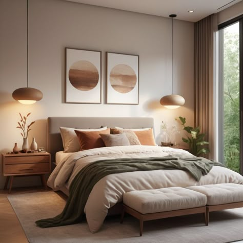 Modern But Cozy Bedroom, Natural Interior Design Bedroom, Soft Minimalist Bedroom, Bedroom Modern Cozy, Iskandinav Home Design Bedroom, Organic Modern Small Bedroom, Bedroom Ideas Tan Walls, White Walls Dark Floors Bedroom, Warm Colour Bedroom