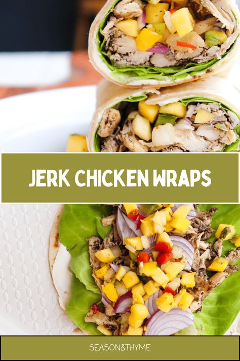 Jerk Chicken Wrap Tropical Smoothie Thai Chicken Wrap Recipe, Tropical Smoothie Buffalo Chicken Wrap, Caribbean Jerk Chicken Wrap, Jerk Chicken Wraps Recipe, Jerk Chicken Wrap, Chicken Mango Salsa, 5 Minute Lunch, Thai Chicken Wraps, Jamaican Chicken