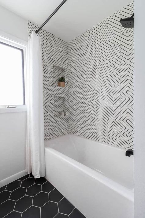 Monochrome Tiles Bathroom, Green Black White Bathroom, Dresser Into Vanity, Tile Dresser, Modern Black And White Bathroom, Black And White Kids Bathroom, Bathroom Bright, Mcm Bathroom, Kim House