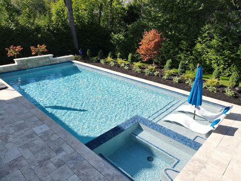 Rmh Mewah, Rectangle Pool With Spa, Pool With Sun Shelf, Beach House Backyard, Backyard Refresh, Pool With Spa, Sun Shelf, Pool Deck Decorations, Inground Pool Landscaping