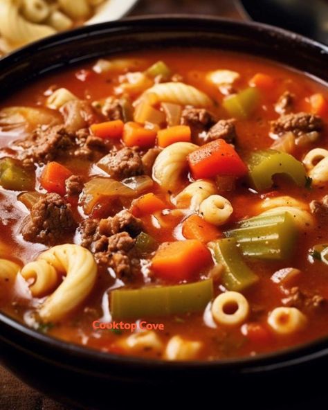 This is called 'Busy Day Soup' - It's so tasty and easy, I whip it up whenever I don't feel like cooking much Lizzy Cake, Busy Day Soup, Macaroni Soup, Can Diced Tomatoes, Hamburger Soup, Homemade Soup Recipe, Whip It, Delicious Soup Recipes, Beef Soup