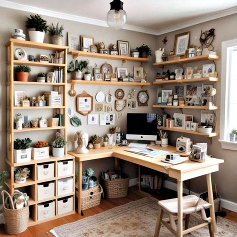 25 Functional Craft Room Ideas and Designs At Home Craft Room, Computer And Craft Desk, Arts Crafts Organization, Spare Room Craft Room Combo, Slanted Ceiling Craft Room, Rustic Craft Room Farmhouse Style, Art And Craft Studio Ideas, Study Craft Room, Home Office/craft Room Setup