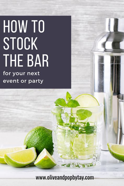 Stocking the bar can be a difficult task - knowing which bar tools you need is tough, knowing how much liquor, wine, beer and ice is even tougher. Here's your complete guide to stocking your home bar for your next event or party. Wine Bar For Party Entertaining, Bar Essentials For A Party, How To Stock A Bar For A Party, Set Up A Bar For A Party, Drink List For Party, Bar List For Party, Basic Bar Setup For Party, Home Bar Supplies, Bar Stocking List