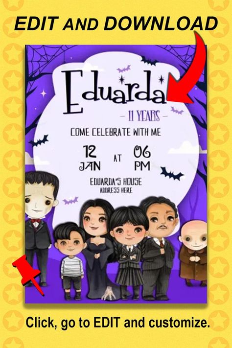 Download this beautiful digital invitation, Wednesday, Addams Family and send it via WhatsApp, Instagram, Facebook or even print it out. ➡️ FOLLOW THE PROFILE. Addams Family Birthday, Wednesday Addams Family, Family Birthdays, Addams Family, Online Invitations, Social Networking, Wednesday Addams, Digital Invitation, Art Posters