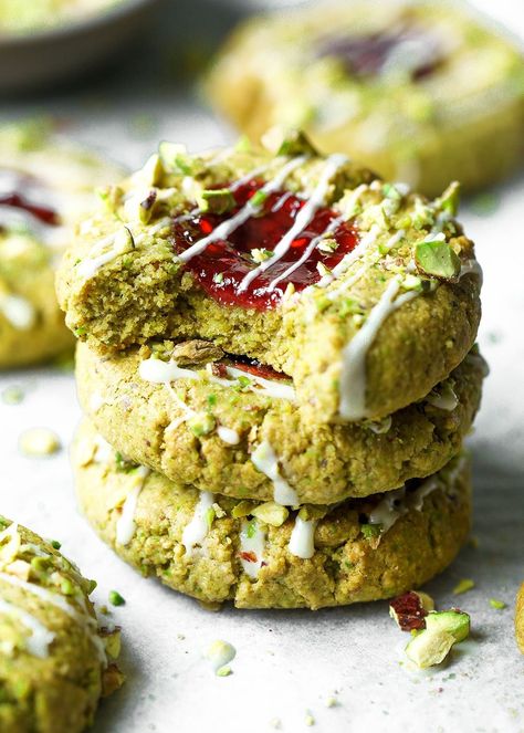 Cardamon Cookies, Pistachio Cardamom, Jam Thumbprint Cookies, Raw Pistachios, Pistachio Recipes, Jam Recipes Homemade, Pistachio Cookies, Dairy Free Dessert, Thumbprint Cookies