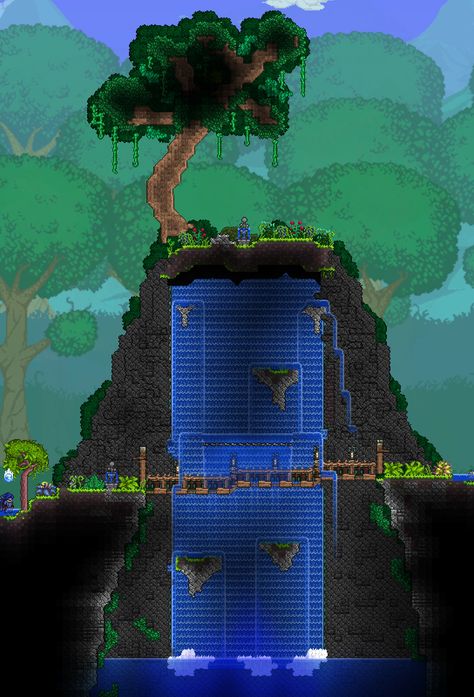 Terraria Fishing Pond, Terraria Waterfall, Terraria Landscape, Terraria Building Ideas, Easy Minecraft Drawings, Terraria Build Ideas, Minecraft Drawings Cute, Minecraft Drawings Easy, Terraria Builds Ideas