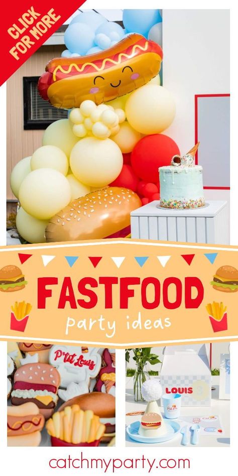 Restaurant Themed Birthday Party, Junk Food Birthday Party, Restaurant Theme Party, Fast Food Theme Party, Fast Food Themed Birthday Party, Fast Food Birthday Party, Snack Themed Birthday Party, Snack Bar Birthday, Food Themed Birthday Party