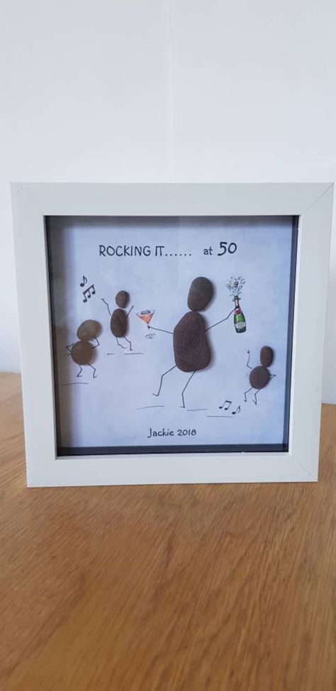 Birthday Pebble Art, Pebble Ideas, Medal Hanger Display, Stone Pictures Pebble Art, Girls Personalized Gifts, White Box Frame, Medal Hanger, Pebble Pictures, Frame Picture