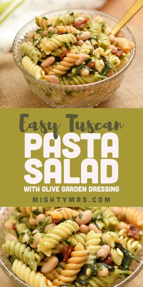 Easy Tuscan Pasta Salad (5 ingredients) - This quick and simple pasta salad is easy to make. Use Olive Garden Italian dressing for a lightly creamy taste along with a blend of tri-colored rotini pasta, white beans, chopped spinach and sun-dried tomatoes. So simple! Yet rich with flavor! You'll love how easy this homemade from scratch pasta salad recipe is. Pin now for pot lucks, family gatherings or to make ahead and enjoy for lunch during the week. Vegetarian but you could add Italian meats. Pasta Salad Olive Garden Dressing, Olive Garden Dressing Pasta Salad, Pasta Salad With Olive Garden Dressing, Tuscan Pasta Salad, Tri Color Pasta Salad, Simple Pasta Salad, Rotini Pasta Salad, Olive Garden Italian Dressing, Garden Italian