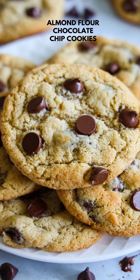 These amazing Almond Flour Chocolate Chip Cookies are deliciously soft with melted chocolate chips. They are also gluten-free and so easy to make! #dessert #Cookies #Holiday Almond Flour Choc Chip Cookies, Almond Flour Valentine Cookies, Almond Flour Chocolate Chip Cookies Easy, Keto Chocolate Chip Cookies Almond Flour, Best Almond Flour Chocolate Chip Cookies, Almond Flour Cookies Chocolate Chip, Nsng Desserts, Almond Flour Desserts, Almond Flour Chocolate Chip