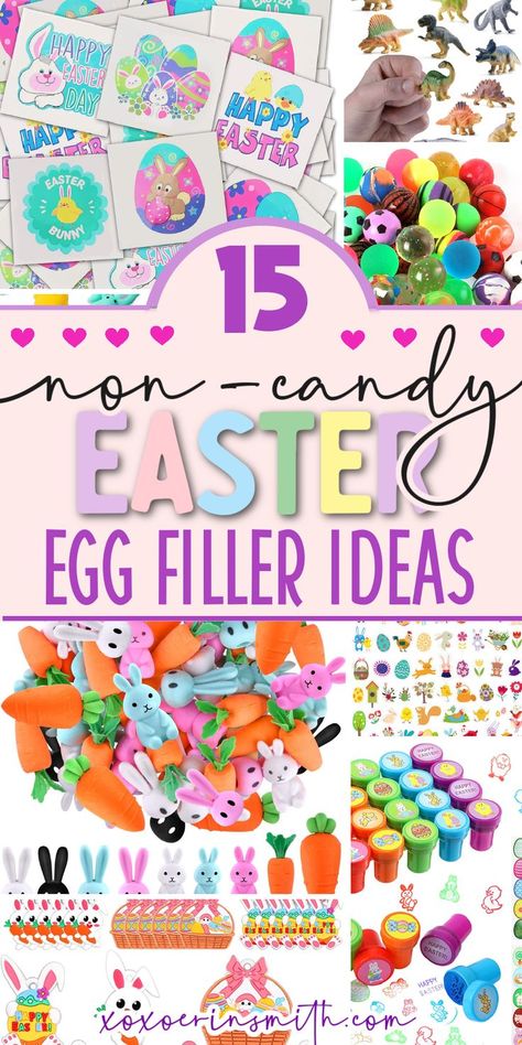 collage of non candy Easter egg filler ideas for what to put in Easter eggs besides candy Easter Egg Stuffer Ideas, Egg Stuffer Ideas, Non Candy Easter Egg Fillers, Easter Egg Filler Ideas, Egg Filler Ideas, Easter Egg Stuffers, Easter Egg Coloring Pages, Egg Fillers, Easter Egg Fillers