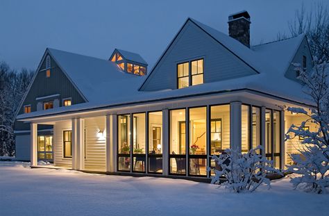 This contemporary farmhouse takes its cues from an historic 1915 barn, which was built of hemlock and spruce with mortise-and-tenon joinery. Whitten Architects, Barn Restoration, Traditional Porch, Timber Frame Barn, Sun Rooms, Small Barn, Sun Porch, Modern Farmhouse Design, Traditional Exterior