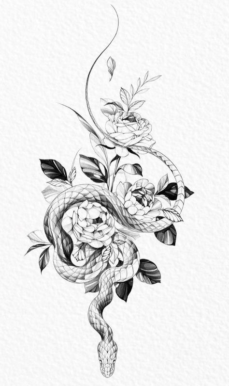 Snake And Poppy Tattoo, Snake And Flower Tattoos For Women, Snake Neck Tattoo Women, Snake Peony Tattoo, Snake Tattoo Feminine, Snake And Peony Tattoo, Snake Thigh Tattoo, Feminine Snake Tattoo, Snake Flower Tattoo