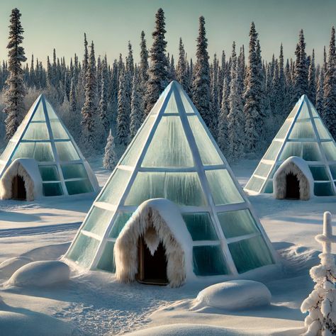 Discover the unique igloos of Frostveil. These glassy, pyramid-shaped structures offer warmth and comfort amidst the snowy wilderness, making them a perfect retreat for the Kwazu people.  #worldbuilding  #Frost #WinterWonderland #UniqueDesign #characterhome Character Home, Log Cabins, Luxury House, Log Cabin, Tree House, Pyramid, Winter Wonderland, Tiny House, Room Ideas