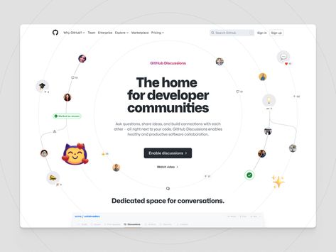 Discussions hero concept by Nicolas Solerieu for GitHub on Dribbble Web Hero Design, Hero Section Ui Design, Hero Design Ideas, Website Hero Design, Hero Section Web Design, Homepage Ideas, Hero Concept, Hero Section, Marketing Websites