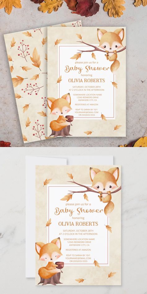 Woodland Autumn Baby Fox Baby Shower Invitation Adorable woodland autumn design featuring watercolor baby fox, autimn leaves and fall pattern on the backside. This design is gender neutral and can work for both baby girls and boys. You can add your own details very easily by using the template field. Fox Baby Shower Invitations, Woodland Autumn, Fox Baby Shower, Fox Baby, Autumn Design, Kids Birthday Party Invitations, Fall Patterns, Baby Fox, Birthday Invitations Kids