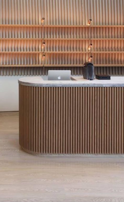 Wood Slat Counter, Wood Slat Bar, Arched Bar, Fluted Reception Desk, Slatted Reception Desk, Wood Slat Reception Desk, Wood Panel Reception Desk, Wood Reception Counter, Timber Reception Desk