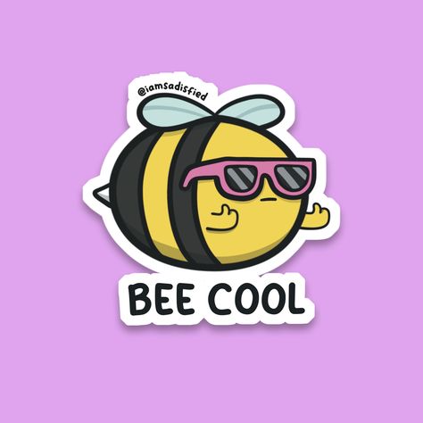 "Water Resistant Matte Vinyl Bee Cool Sticker! Sticker is made in house. Printed on water resistant matte vinyl sticker paper with an Epson EcoTank 2800. Die-cut with Cricut Explore.  Bee Cool is an original illustration, drawn in Procreate! Sticker is approximately 3\" x 2.75\"." Cute Bee Illustration, Bee Illustrations, Bee Classroom, Stickers Cool, Sticker Design Inspiration, Bee Illustration, Financial Budget, Bee Sticker, Cute Images With Quotes