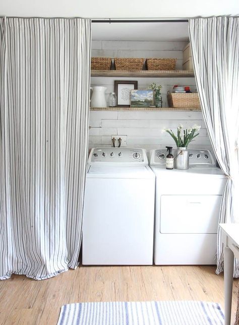 Farmhouse Laundry Room Makeover | Rooms FOR Rent Blog Closet Laundry Room Doors, Laundry Curtain Ideas, Laundry Room Curtain Door, Curtains For Laundry Room, Hidden Laundry Rooms, Laundry Room Curtains, Laundry Room Storage Shelves, Hidden Laundry, Small Laundry Room Organization