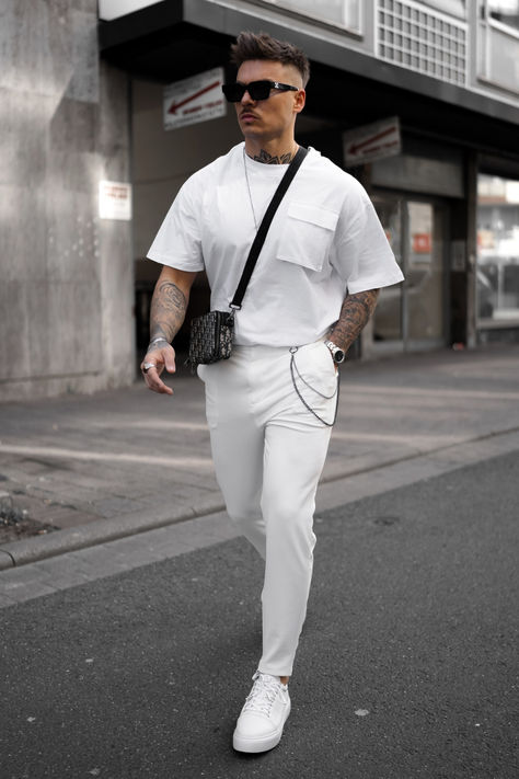 Artur Wearing Martin Valen Outfit in Full White Full White Outfit, White Linen Outfit, White Outfit For Men, White Party Outfit, Double Denim Looks, White Summer Outfits, Banded Collar Shirts, White Chinos, White Ripped Jeans