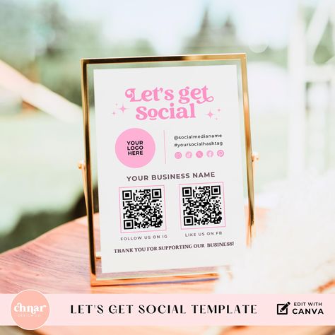 Lets Get Social Printable Sign, Connect With Us on Social Media QR Code, Follow Us on Instagram Template, Pop Up Event Small Business Sign PLEASE NOTE - this is a digital download / template. No physical product will be shipped. Once you have placed your order you will receive a link to edit your template online using the free software Canva. No waiting - get access immediately! -------------------------------------------------------------------------------------- Boost your social media presenc Social Media Qr Code Sign, Instagram Qr Code Design, Follow Us On Social Media Sign, Social Event Ideas, Qr Code Ideas, Follow Our Social Media, Small Business Signs, Social Media Signs, Pop Up Event