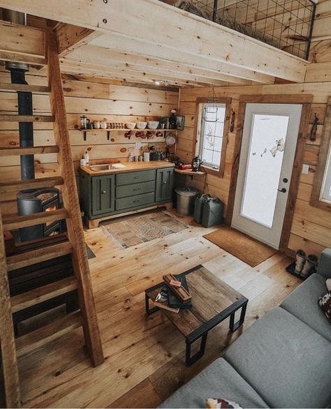 Tiny Cabin Interiors Off Grid, Tiny Farmhouse Interior Ideas, Hunters Cabin Interior, Small Log Cabin Interior Rustic Tiny Homes, One Room Cabin Interior, Interior Cabin Ideas, Tiny Cabins Interiors, Dry Cabin, Loft Railing