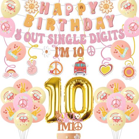 PRICES MAY VARY. Boho 10th Birthday Decorations for Girls：You will receive 1*”happy birthday” banner, 1*“peace out single digits i’m 10” garland, 12*12 inch printed latex balloons (4 pink, 4 yellow, 4 orange), 1*birthday cake topper, 6*hanging swirls, 1*32 inch number 10 foil balloon. Peace Out Single Digits I'm 10 Party Supplies: These lovely beige bohemian hippie party balloons come in pink, yellow and orange color compositions. Colored latex balloons used with banner will make your party glow Boho Birthday Party Decor, Peace Out Single Digits, Boho Birthday Party, 1st Birthday Cake Topper, Hippie Party, Bachelorette Decorations, Girl Birthday Decorations, 1 Birthday, Boho Birthday