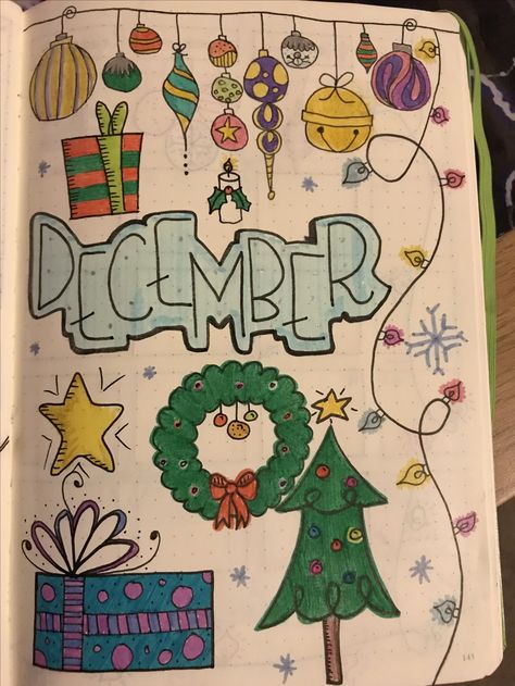 December Front Page, Journal Drawing Ideas, Page Bullet Journal, Bullet Journal Pages, Journal Drawing, Holiday Homework, Journal Weekly, Front Page Design, Journal Bullet