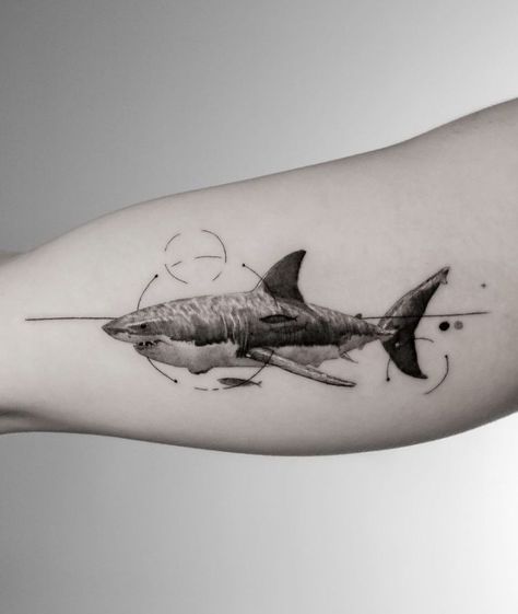 Happy Shark Tattoo, Shark Bicep Tattoo, Geometric Shark Tattoo, Shark Tattoo Men, Tiger Shark Tattoo, Great White Shark Tattoo, Shark Tattoo Design, Shark Tattoo Ideas, Hai Tattoo