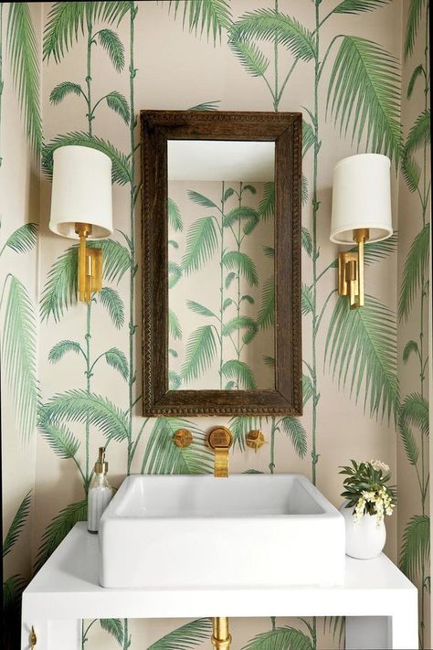 Tropical & Tailored Tropical Bathroom, Cole And Son Wallpaper, Palm Wallpaper, Tropical Wallpaper, Beautiful Wallpaper, Bathroom Wallpaper, Cole And Son, Tropical Decor, Beautiful Bathrooms