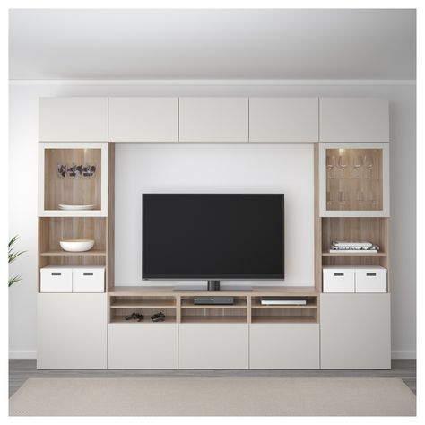 BESTÅ TV storage combination/glass doors - walnut effect light gray/Lappviken light gray clear glass, drawer runner, soft-closing - IKEA Besta Ikea, Ikea Tv, Living Room Wall Units, Living Room Built Ins, Ikea Living Room, Kabinet Dapur, Living Room Tv Unit Designs, Tv Storage, Living Room Tv Unit