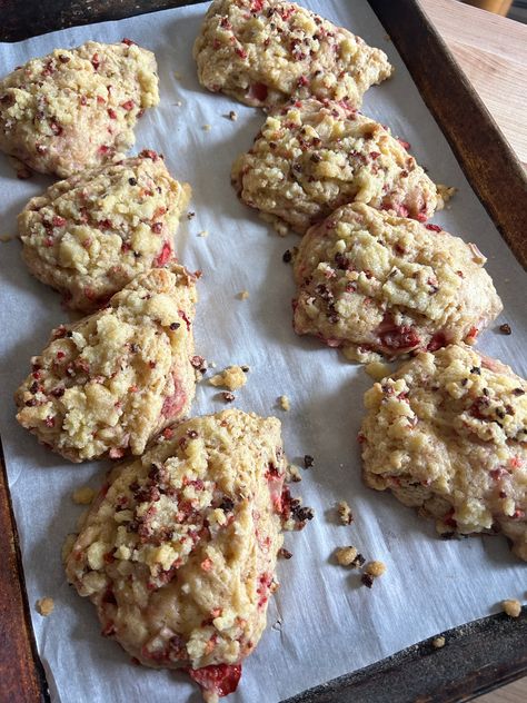 Strawberry Shortcake Sourdough Scones Strawberry Shortcake Popsicles, Sourdough Scones, Micro Bakery, 2024 Meals, Sourdough Loaf, Spring Treats, Savory Scones, Freeze Dried Strawberries, Dried Strawberries